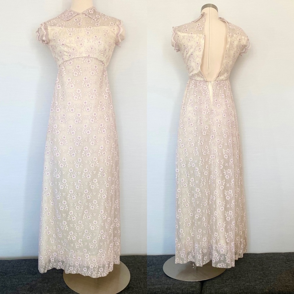 Vintage Emma Domb Lilac Lace Column Maxi Dress Empire Waist Regency 60s 70s